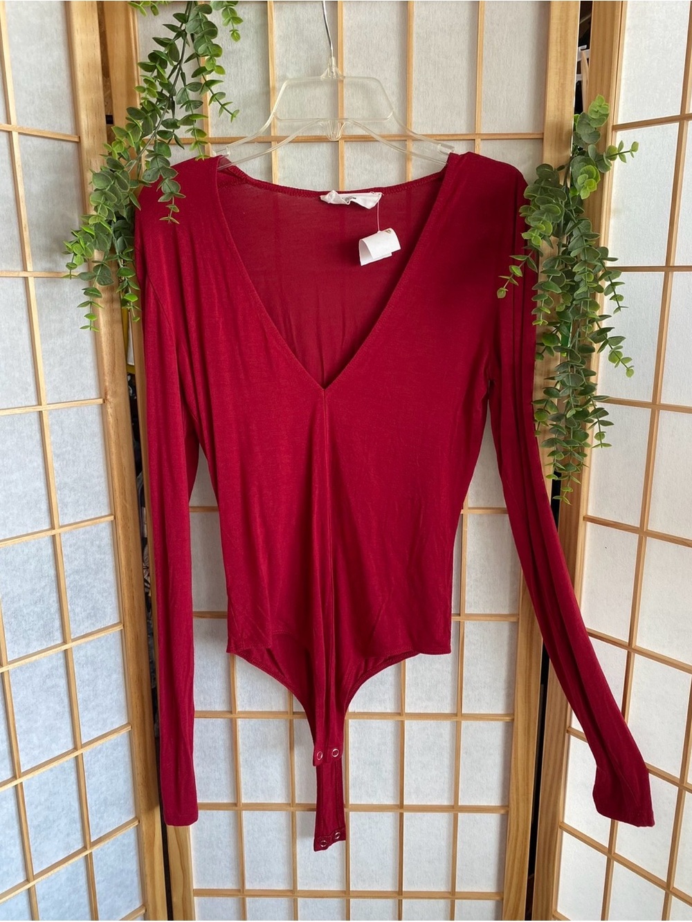 Double Zero Deep V Long Sleeve Bodysuit - Burgundy